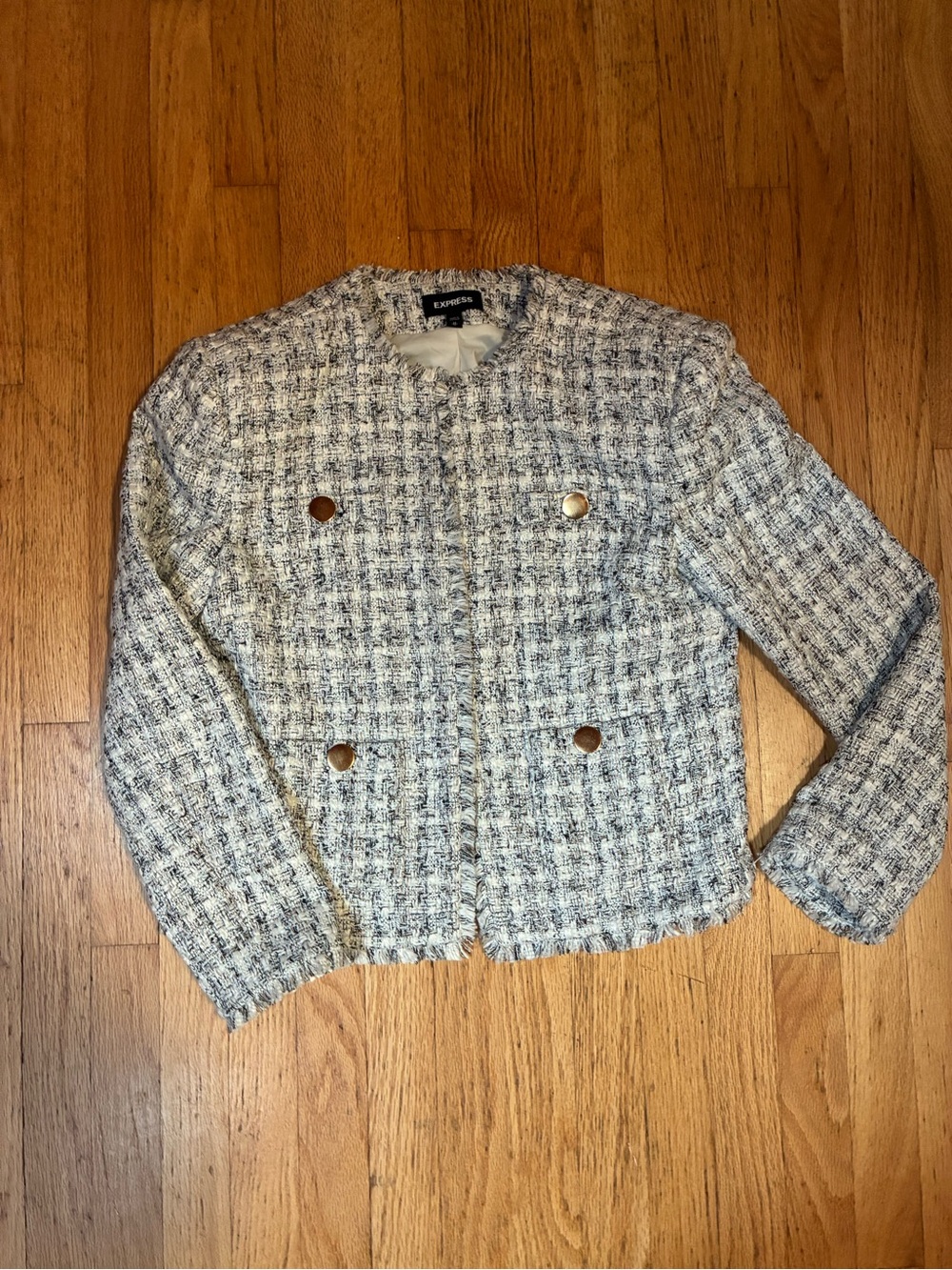 Express Women's Tweed Boxy Jacket in Cream and Black with Gold Buttons